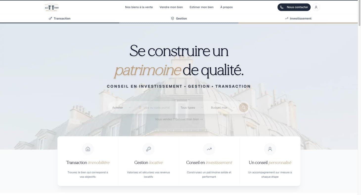 Page d'accueil du site Acti-Immo — « Se construire un patrimoine de qualité »