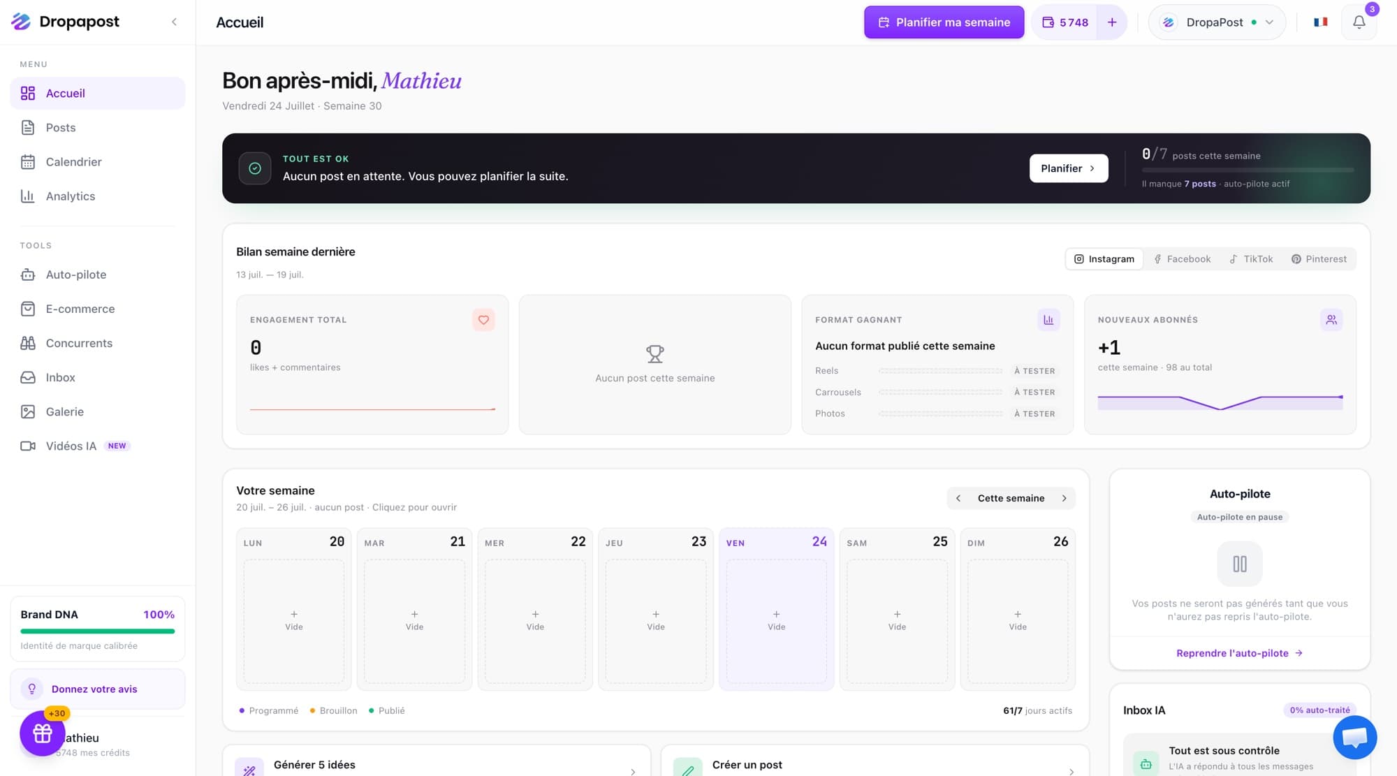 Dashboard Dropapost — calendrier hebdomadaire, bilan par réseau et pilote automatique