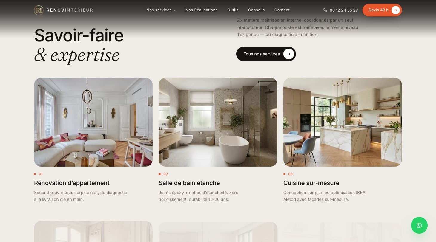 Section « Savoir-faire & expertise » de RenovIntérieur : cartes rénovation d’appartement, salle de bain étanche, cuisine sur-mesure